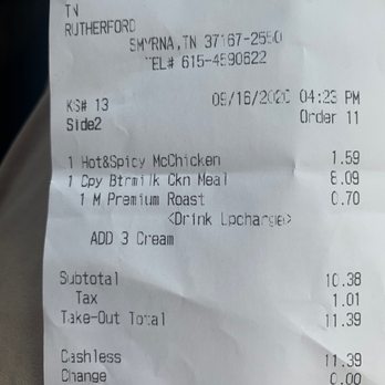 McDonald's - Receipt - Burgers Near Me - Smyrna, Tennessee McDonald's - Receipt - Burgers Near Me - Smyrna, Tennessee