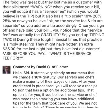 Flame - Issue was NOT tipping... it was "service fee" that appeared on initial bill.. then shown as gratuity - Asian Fusion Near Me - Bronx, New York Flame - Issue was NOT tipping... it was "service fee" that appeared on initial bill.. then shown as gratuity - Asian Fusion Near Me - Bronx, New York