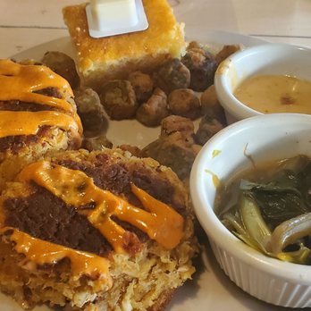 Darrell's Restaurant - Crab cakes with fried green tomatoes, fried okra and collard greens - Southern Near Me - Venice, Florida Darrell's Restaurant - Crab cakes with fried green tomatoes, fried okra and collard greens - Southern Near Me - Venice, Florida