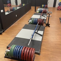 Eleiko deadlift platforms, bumper, plates and bars.