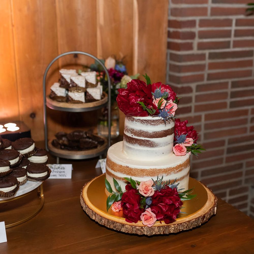 wedding cake and cupcakes