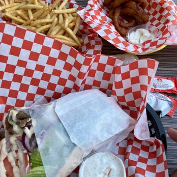 Falafel Flare - Gyro wrap, fries, onion rings (chicken wrap missed the picture ). - Mediterranean Near Me - Tracy, California Falafel Flare - Gyro wrap, fries, onion rings (chicken wrap missed the picture ). - Mediterranean Near Me - Tracy, California