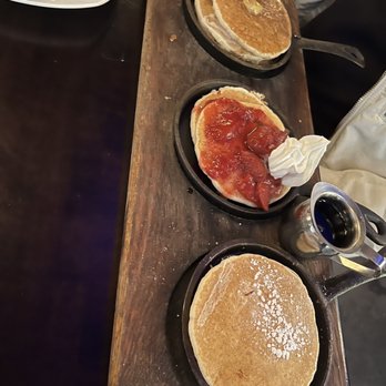 Flights - Pancake flight (bananas foster, strawberries and cream, and classic.) - New American Near Me - Las Vegas, Nevada Flights - Pancake flight (bananas foster, strawberries and cream, and classic.) - New American Near Me - Las Vegas, Nevada