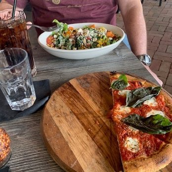 Orchard Tavern - The pizza with fresh basil, and hubby's salad behind it! - Gastropubs Near Me - Phoenix, Arizona