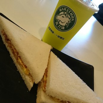 Marathon Cafe - Minced beef egg sandwich with large cold milk tea - Bakeries Near Me - Richmond Hill, Ontario