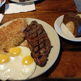 Rainbow Oaks Restaurant - 3 eggs, potatoes, toast and flame cooked NY  steak. - American Near Me - Fallbrook, California