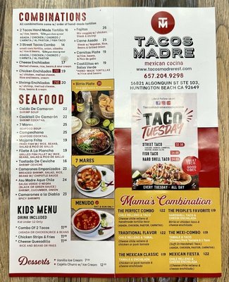 Menu photo 2 Tacos Madre Huntington Beach, CA