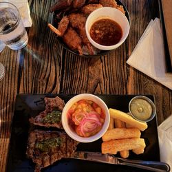 Steak frites and coconut shrimp