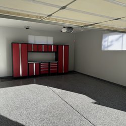Rock Solid Floor Coatings - Full garage renovation. hang and hand finish instal organization cabinets along with a poly aspartic floor.