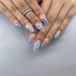 Green Nail Bar - Gel X with design 3D flowers over aura