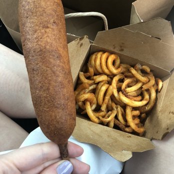 Corn Dog with No Name - The Green, Curly fries - Comfort Food Near Me - Dallas, Texas Corn Dog with No Name - The Green, Curly fries - Comfort Food Near Me - Dallas, Texas