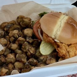Simply Southern Kitchen - Pickle brine chicken sandwich with okra