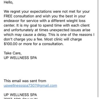 UP WELLNESS SPA - so for providing a review they decide to not comment on the experience and fire potential referrals for sharing their 2 cents - Weight Loss Centers Near Me - University Place, Washington UP WELLNESS SPA - so for providing a review they decide to not comment on the experience and fire potential referrals for sharing their 2 cents - Weight Loss Centers Near Me - University Place, Washington