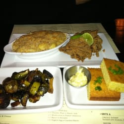Tupelo - Our meal - brussel sprouts, cornbread, fried chicken w/ mac and cheese