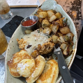 The Ice Plant - My husbands chicken waffle and hoecakes. - Cocktail Bars Near Me - St. Augustine, Florida