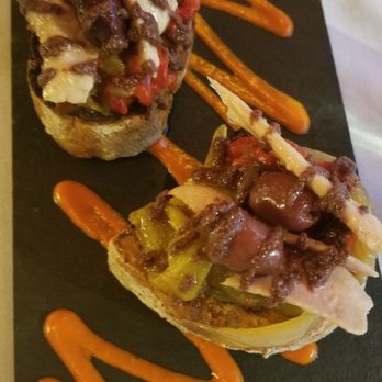 Can Font - Grilled Catalan Bread with roasted peppers/olives..aka Montadito D'Escalivada Amb Ventresca $8 Kinda sweet bc of peppers - Spanish Near Me - Portland, Oregon Can Font - Grilled Catalan Bread with roasted peppers/olives..aka Montadito D'Escalivada Amb Ventresca $8 Kinda sweet bc of peppers - Spanish Near Me - Portland, Oregon