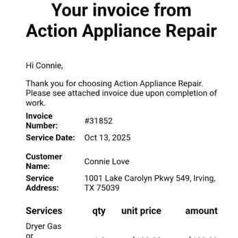 Action Appliance Repair - Invoice from Action Appliance Repair. - Appliances & Repair Near Me Action Appliance Repair - Invoice from Action Appliance Repair. - Appliances & Repair Near Me