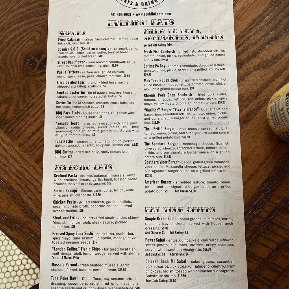 Squid Ink Eclectic Eats & Drinks - Menu (food) - Gastropubs Near Me - Mobile, Alabama Squid Ink Eclectic Eats & Drinks - Menu (food) - Gastropubs Near Me - Mobile, Alabama