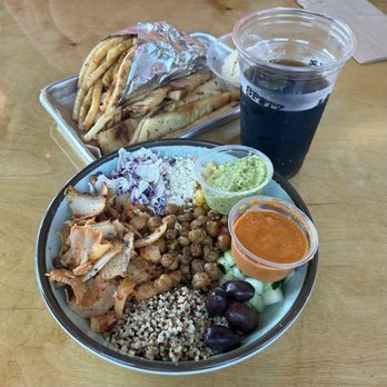 Spitz - Plano - The Gyro Combo Meal, Fried Pita Strips with Hummus, and the Remix Bowl with Chicken and Quinoa - Mediterranean Near Me - Plano, Texas