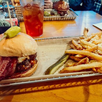 Hops Burger Bar - The Spicy Goat Burger with Truffle oil and Parmesan Fries - Burgers Near Me - Greensboro, North Carolina Hops Burger Bar - The Spicy Goat Burger with Truffle oil and Parmesan Fries - Burgers Near Me - Greensboro, North Carolina