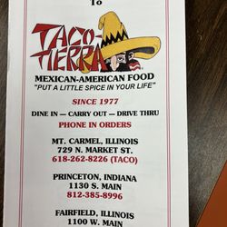 Taco Tierra of Fairfield - Front of menu