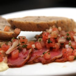 Dante's Fire - Beef Carpaccio- Tomato Tartare, caper aioli, house made Kalamata Olive Bread