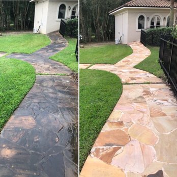 Zaba Cleaning - Before/after the pressure washing of a stone walkway. - Window Washing Near Me - Houston, Texas Zaba Cleaning - Before/after the pressure washing of a stone walkway. - Window Washing Near Me - Houston, Texas