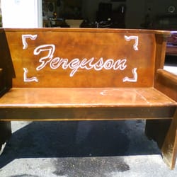 Wolf Works Woodworking - WolfWorks Woodworking of Yuma "personalized" this antique church pew by carving their customer's FAMILY NAME to display and use