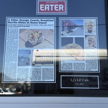 LJ’s Lil’ Cafe - Framed newspaper article from 2021 giving them kudos for great burritos! - Breakfast & Brunch Near Me - Cypress, California