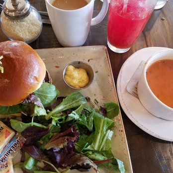 First Watch - This is the Veggie Burger with a side salad and a bowl of Tomato basil soup! Coffee and morning meditation juice! - Breakfast & Brunch Near Me - Austin, Texas First Watch - This is the Veggie Burger with a side salad and a bowl of Tomato basil soup! Coffee and morning meditation juice! - Breakfast & Brunch Near Me - Austin, Texas
