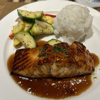 Bibas Courtyard Grill - Honey glazed salmon and jasmine rice. - American Near Me - Honolulu, Hawaii Bibas Courtyard Grill - Honey glazed salmon and jasmine rice. - American Near Me - Honolulu, Hawaii
