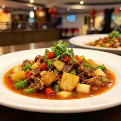 Sichuan Hot Pot & Asian Cuisine - Spicy beef stir-fry with peppers, tender meat in rich sauce, bold flavors that pack a punch!