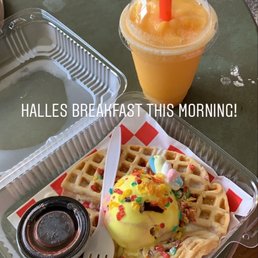 Unicorn waffle and the mango smoothie. Unicorn waffle and the mango smoothie.