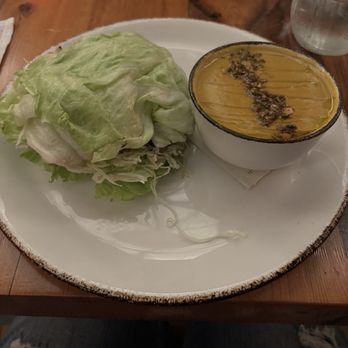 peasants FEAST - Smash burger with lettuce wrap and squash soup - American Near Me - Solvang, California peasants FEAST - Smash burger with lettuce wrap and squash soup - American Near Me - Solvang, California