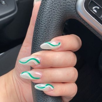 Glossy Nail Spa - Green swirl nails - Nail Salons Near Me - Hickory, North Carolina