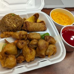 Sweet and sour pork lunch special with fried rice and egg drop soup Sweet and sour pork lunch special with fried rice and egg drop soup