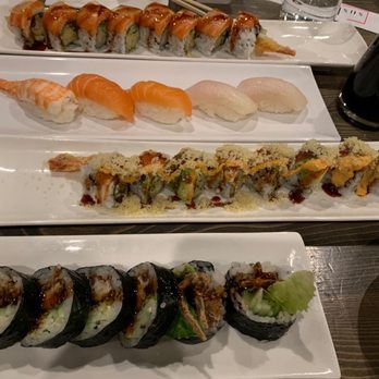 Sushiology - (top to bottom) Salmon Citrus Roll*, Nigiri (left to right): Ebi, Salmon x2, Shiro Maguro x2, Super Crunch Roll, Soft Shell Crab Roll - Sushi Bars Near Me - Kennesaw, Georgia Sushiology - (top to bottom) Salmon Citrus Roll*, Nigiri (left to right): Ebi, Salmon x2, Shiro Maguro x2, Super Crunch Roll, Soft Shell Crab Roll - Sushi Bars Near Me - Kennesaw, Georgia