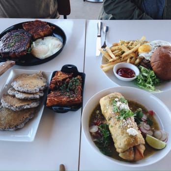 Ocotillo - Steak & eggs. Blue corn pancakes (comes with an awesome agave butter). Breakfast burger. Chimichanga. Side order of hash browns. - New American Near Me - Phoenix, Arizona