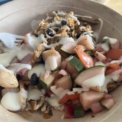 Clean Eatz - Build A Bowl Medium-brown rice, black bean burger, mushrooms, red onion, cucumber salad and queso
