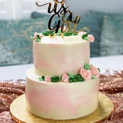 Custom two-tier cake - chocolate on bottom, vanilla on top, buttercream icing.