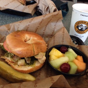 Einstein Bros. Bagels - Chicken Pesto on a thinner bagel. Comes with side choice. - Sandwiches Near Me - Long Beach, California Einstein Bros. Bagels - Chicken Pesto on a thinner bagel. Comes with side choice. - Sandwiches Near Me - Long Beach, California
