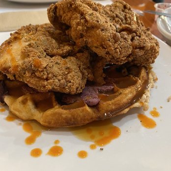 Dame's Chicken & Waffles - Classic waffles, two chicken cutlets, Baby-Blueberry Shmear, and Caribbean Calypso drizzle - Southern Near Me - Durham, North Carolina Dame's Chicken & Waffles - Classic waffles, two chicken cutlets, Baby-Blueberry Shmear, and Caribbean Calypso drizzle - Southern Near Me - Durham, North Carolina