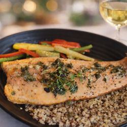 The Yellowstone Restaurant - Idaho sourced trout from The Yellowstone Restaurant in Pocatello, featuring locally raised fish served with grains and fresh ...