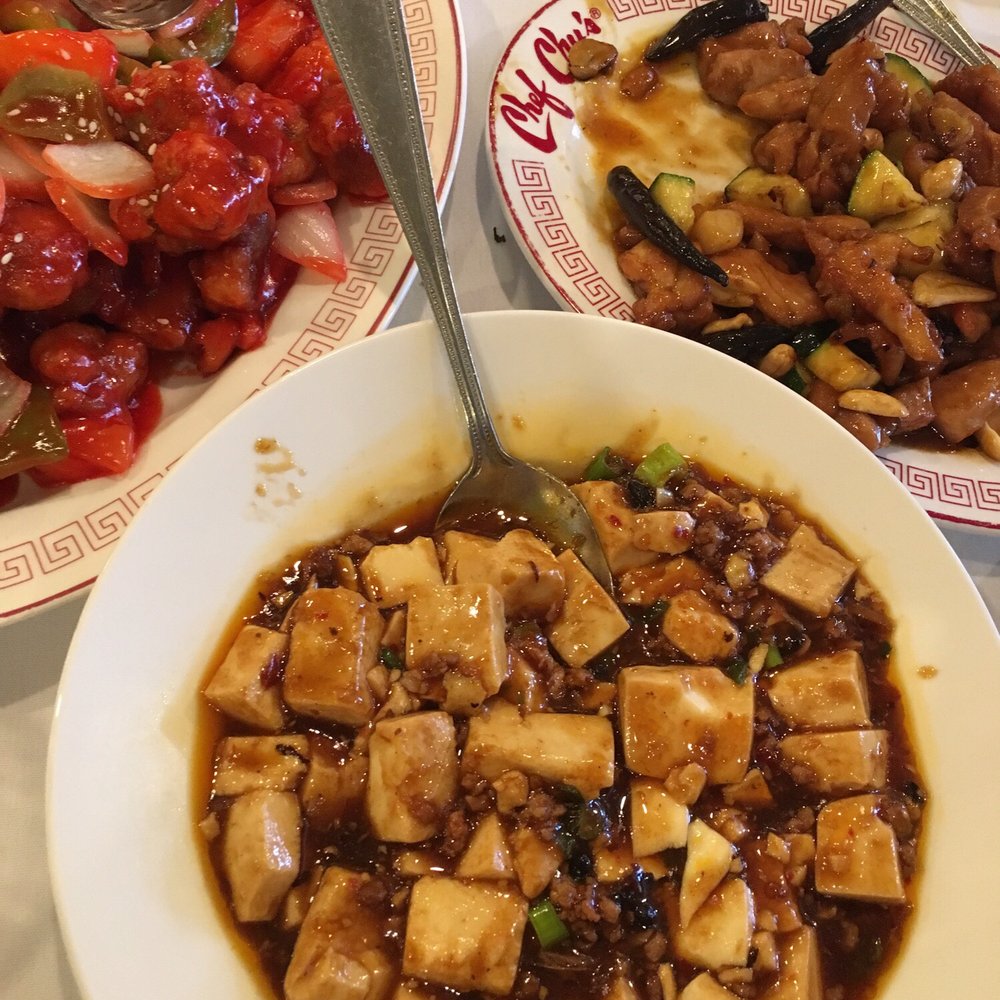 Chef Chu's - Left to right: sweet and sour pork, mapo tofu, and kung chicken - Chinese Near Me - Los Altos, California