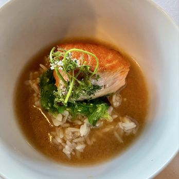 Chez Bacchus - Salmon added broth appetizer - New American Near Me - Long Beach, California Chez Bacchus - Salmon added broth appetizer - New American Near Me - Long Beach, California