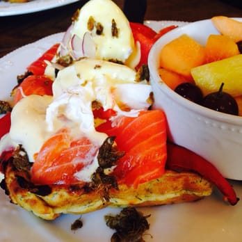 The Twisted Apron - This is the salmon eggs Benedict on top of a quinoa-dill waffle!! So good! - Comfort Food Near Me - Windsor, Ontario The Twisted Apron - This is the salmon eggs Benedict on top of a quinoa-dill waffle!! So good! - Comfort Food Near Me - Windsor, Ontario