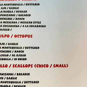The Fat Boy Seafood - Menu of Pulpo. Octopus the al ajillo garlic with roasted chili's is excellent. - Seafood Near Me - Bucerias, NAY The Fat Boy Seafood - Menu of Pulpo. Octopus the al ajillo garlic with roasted chili's is excellent. - Seafood Near Me - Bucerias, NAY