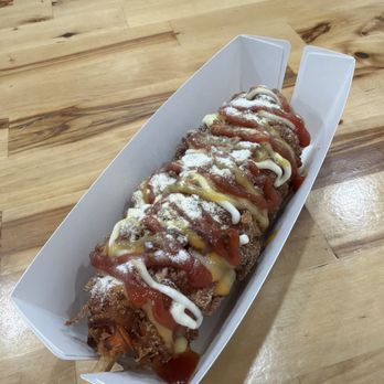 Oh K-Dog Forest Hills - Cheddar Hot Dog (체다 핫도그) with sweet potato topping - Hot Dogs Near Me - Forest Hills, New York