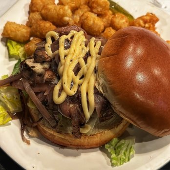 Prime Time Pub and Grill - Beyond patty with mushroom and onion on a pretzel bun. - Pubs Near Me - Newburgh, Indiana