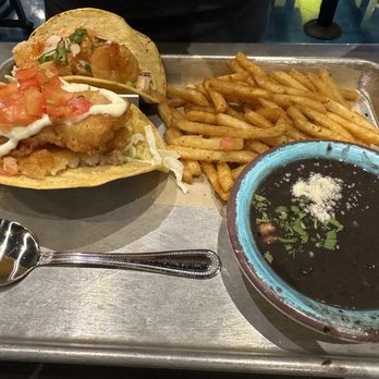 Simply Fish Seafood - Battered fish tacos, French fries, and black beans - Fish & Chips Near Me - Costa Mesa, California